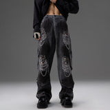 Retro Distressed Denim Jeans With Pearl And Metal Hardware Work Pants