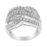 .925 Sterling Silver 1.0 Cttw Channel Set Alternating Round and Baguette Diamond Cross-over Bypass Ring Band (I-J Color, I2-I3 Clarity) - Size 7