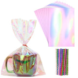 15/30/60pcs rainbow colored cellophane gift bag with tie, holographic cellophane gift bag for candy biscuits birthday gift