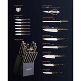 15-Pieces Set: YOLEYA Kitchen Knife Set with Block Wooden Triple Rivets
