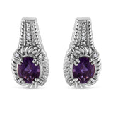 .925 Sterling Silver 8x6 MM Natural Oval Purple Amethyst Gemstone and Diamond Accent Art Deco Style Drop and Dangle Earrings (I-J Color, I1-I2 Clarity)
