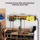 CRST 6-Outlet + 2 USB Metal Power Strip with Individual Switches, 1200J Surge Protector, Versatile Mounting
