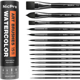Nicpro 15PCS Watercolor Paint Brush Set, Professional Watercolor Paint Brushes, Soft Synthetic Fine Squirrel Hair, Round, Flat, Dagger, Wash for Adult, Artist, Water Color, Gouache - with Holder & Bag
