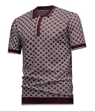 Men's Short Sleeve Knit Polo Shirt, Burgundy Diamond Geometric Jacquard, Smart Casual Retro Style, Breathable Knitted Top