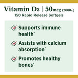 Nature's Bounty 2000 IU Vitamin D3 Softgels; 50 mcg; 150 Count