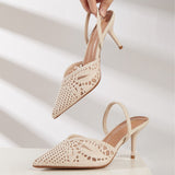 Women's French Style Knitted Cutout Pointed Toe Slingback Heeled Sandals - Elegant Casual Summer High Heel Shoes for Ladies