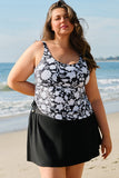 Black Printed Square Neck Drawstring Ruffled Tankini Set