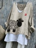 SpringSummer V-neck Long-sleeve Shirt Artistic Retro And Relaxed-fit