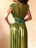 Sheen Deep V Ruched Printed Waistband Maxi Dress