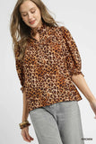 Umgee Full Size Leopard Print Ruffle Neck Blouse Plus Size