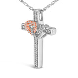 14K Rose Gold Plated Sterling Silver 1/10 Cttw Diamond Cross & Heart Pendant Necklace
