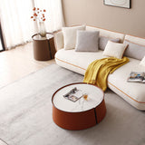 31.5" Coffee Table, Marble Top and Orange Saddle Leather Body