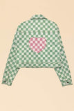 Cropped checkered heart denim jacket