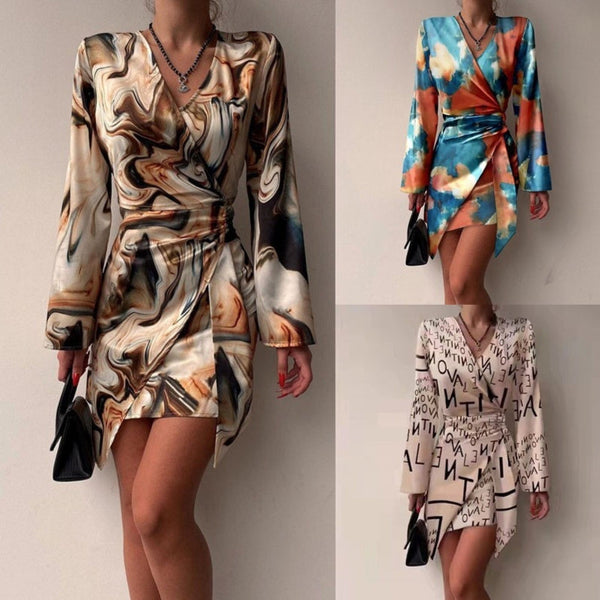 Long Sleeve Printed Dress V-neck Irregular