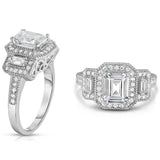 18k White Gold Tri Stone Emerald Cut Cubic Zirconia Ring