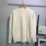 Laid-back Solid-color Checkerboard Knit Sweater