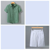Men's Pure Linen Shorts and Short Sleeve Shirt Set - Summer Loose Casual Lightweight Outfit
