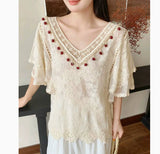 Womens Fashion Embroidered Hollow Lace Short-Sleeve Shirt