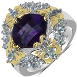3.91 Carat Genuine Amethyst, Blue Topaz & White Diamond .925 Sterling Silver Ring