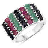 "3.40 Carat Genuine Emerald, Ruby and Black Sapphire .925 Sterling Silver Ring