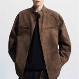 Vintage Brown Motorcycle Leather Autumn Merard Stand-up Collar Distressed Coat