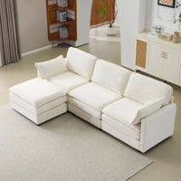 104' Plush Cloud 3 Seater Sofa: Modular 3 Seater Sofa + Ottoman with 22' Beige Chenille Cushions + 2 Throw Pillows - Compact Size for Apartment, Living Room, Bedroom (Beige)