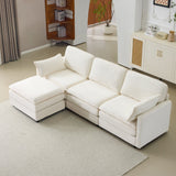 104' Plush Cloud 3 Seater Sofa: Modular 3 Seater Sofa + Ottoman with 22' Beige Chenille Cushions + 2 Throw Pillows - Compact Size for Apartment, Living Room, Bedroom (Beige)