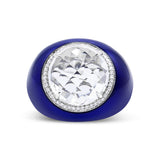 18K White Gold 14mm White Quartz and 1/5 Cttw Diamond Halo with Blue Enamel Dome Ring (F-G Color, VS1-VS2 Clarity) - Ring Size 7