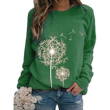 Womens Dandelion-Print Crew-Neck Long-Sleeve Loose Casual Sweatshirt