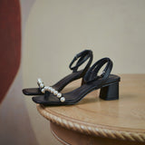 Fairy Style Pearl Women's Sandals with Thick Square Heel
