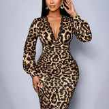 Womens Leopard-Print Long-Sleeve Mid-Length Split Dress