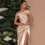 Elegant Off Shoulder Satin Slit Dress, Wedding Extra Long Formal Gown, Christmas Party Dress, Bridesmaid Dress