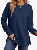 Womens Crew-Neck Long-Sleeve T-Shirt With Side Slits Casual Top