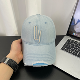 Retro Washed Distressed Denim Baseball Cap With Patch Holes And Embroidered Letter QY Soft Top Casual And Versatile Beanie