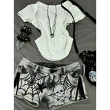 Womens American-style Spiderweb Print Diamond Skull And Star Denim Shorts