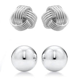 2-Pairs: Sterling Silver Love Knot and Ball Stud Earring Set