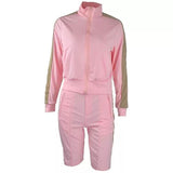 2-Piece: Lapel Neck Zipper Color Matching Long Sleeve Fleece Sport Casual Shorts
