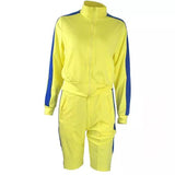 2-Piece: Lapel Neck Zipper Color Matching Long Sleeve Fleece Sport Casual Shorts