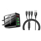 2-Piece Set: 3-Port LED Display High Speed Wall Charger Black + 3-in-1 Cable