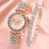 2-Piece Set: Butterfly Quartz Stainless Steel Band Wrist Watch and Bracelet