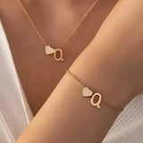 2-Piece Set: Metal Heart And English Letter Necklace And Bracelet