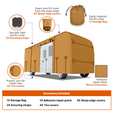 Lanceton Class A RV Cover, 300D/160g Solution-Dyed Oxford Roof (Waterproof 2000mm, UV 50+), 6-Zipper Access System, Includes 4 Tire Covers, Jack Cover & 4 Gutter Guards