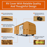 Lanceton Class A RV Cover, 300D/160g Solution-Dyed Oxford Roof (Waterproof 2000mm, UV 50+), 6-Zipper Access System, Includes 4 Tire Covers, Jack Cover & 4 Gutter Guards