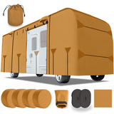 Lanceton Class A RV Cover, 300D/160g Solution-Dyed Oxford Roof (Waterproof 2000mm, UV 50+), 6-Zipper Access System, Includes 4 Tire Covers, Jack Cover & 4 Gutter Guards
