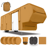 Lanceton Fifth Wheel 5th Wheel RV Trailer Cover, 300D/160g Solution-Dyed Oxford Roof (Waterproof 2000mm, UV 50+), 6-Zipper Access System, Includes 4 Tire Covers, Jack Cover & 4 Gutter Guards