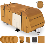Lanceton Travel Trailer Camper RV Cover, 300D/160g Solution-Dyed Oxford Roof (Waterproof 2000mm, UV 50+), 6-Zipper Access System, Includes 4 Tire Covers, Jack Cover & 4 Gutter Guards