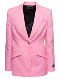 Versace Women Pink Single-Breasted Jacket With All-Over Tonal Logo Lettering Print In Wool Woman