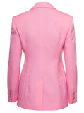 Versace Women Pink Single-Breasted Jacket With All-Over Tonal Logo Lettering Print In Wool Woman