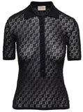 Gucci Women Black Polo Shirt With Button Closure And Gg Motif In Cotton And Silk Blend Woman