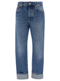 Gucci Women '90'S' Light Blue Jeans With Horsebit Detail And Turn-Up Hem In Cotton Denim Woman